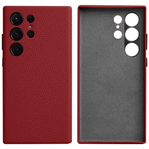 Hülle für Samsung Galaxy S24 Ultra/S24 Plus/S24, Business Luxus Klassische Echtlederhülle mit Metallknopf & Linsenschutz Weiche Anti-Rutsch Griffhülle,Red,S24 Plus von LOXO CASE