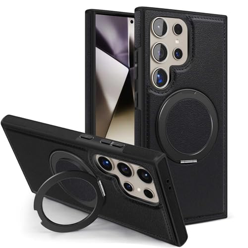 Hülle für Samsung Galaxy S25 Ultra/S25 Plus/S25, Premium PU-Lederhülle mit 360° Drehbarem Ständer, Schmale Stoßfeste Abdeckung, Kompatibel mit MagSafe,Black,S25 von LOXO CASE