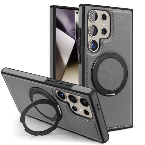 Hülle für Samsung Galaxy S25 Ultra/S25 Plus/S25, Premium PU-Lederhülle mit 360° Drehbarem Ständer, Schmale Stoßfeste Abdeckung, Kompatibel mit MagSafe,Gray,S25 von LOXO CASE