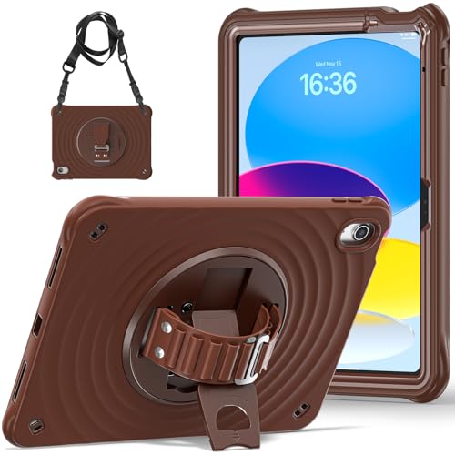 Hülle für iPad 10. Generation 2022 10,9 Zoll, Robuste, Stoßfeste Hülle mit 360° Drehbarem Ständer/Handschlaufe, Verstellbarem Schultergurt,Chocolate von LOXO CASE