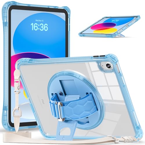 Hülle für iPad 10. Generation 2022 10,9 Zoll, Stoßfestes, Transparentes, Robustes Gehäuse mit 360° Drehbarem Ständer, Handschlaufe/Schultergurt,Blue von LOXO CASE