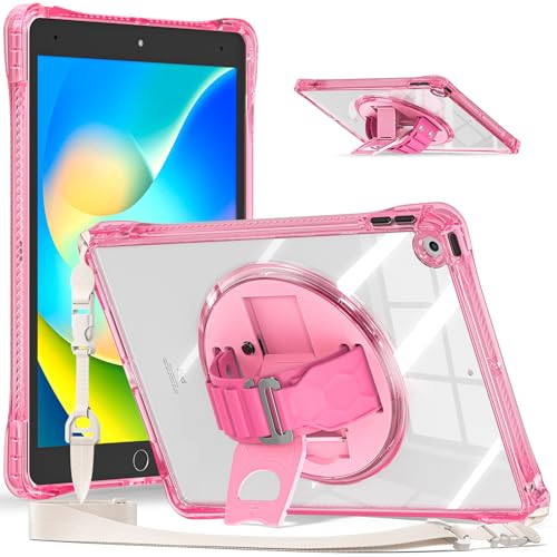 Hülle für iPad 9./8./7. Generation 10,2 Zoll 2021 2020 2019, Stoßfestes, Transparentes, Robustes Gehäuse mit 360° Drehbarem Ständer, Handschlaufe/Schultergurt,Pink von LOXO CASE