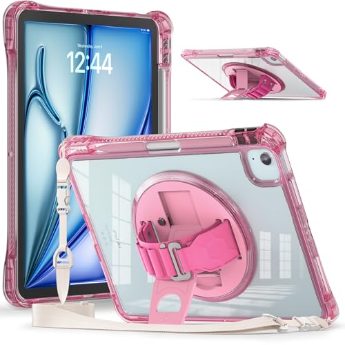 Hülle für iPad Air 11 Zoll M2 2024 6. Generation, Stoßfestes, Transparentes, Robustes Gehäuse mit 360° Drehbarem Ständer, Handschlaufe/Schultergurt/Stifthalter,Pink von LOXO CASE