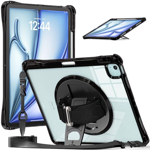 Hülle für iPad Air 13 Zoll M2 2024, Stoßfestes, Transparentes, Robustes Gehäuse mit 360° Drehbarem Ständer, Handschlaufe/Schultergurt/Stifthalter,Black von LOXO CASE