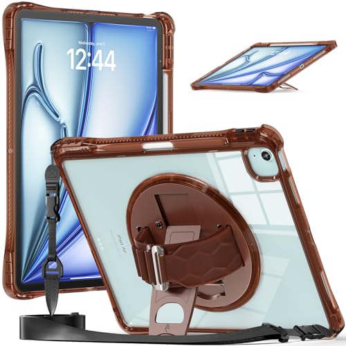 Hülle für iPad Air 13 Zoll M2 2024, Stoßfestes, Transparentes, Robustes Gehäuse mit 360° Drehbarem Ständer, Handschlaufe/Schultergurt/Stifthalter,Coffee von LOXO CASE