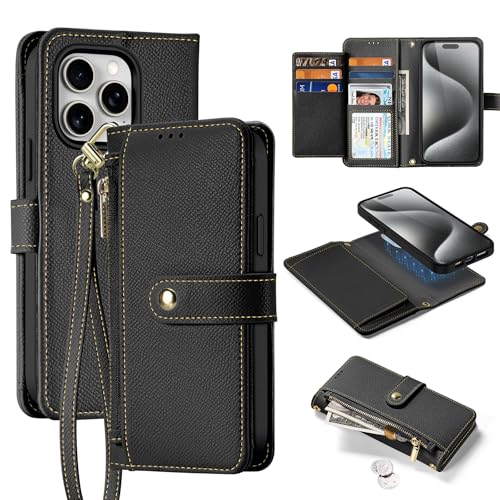 LOXO CASE Brieftaschenetui für iPhone 15 Pro Max/15 Pro/15 Plus/15, Abnehmbare Brieftaschenetui mit Kartenhalter, Reißverschlussfach, Klapphülle Aus PU-Leder mit Handschlaufe,Black,15 Plus von LOXO CASE