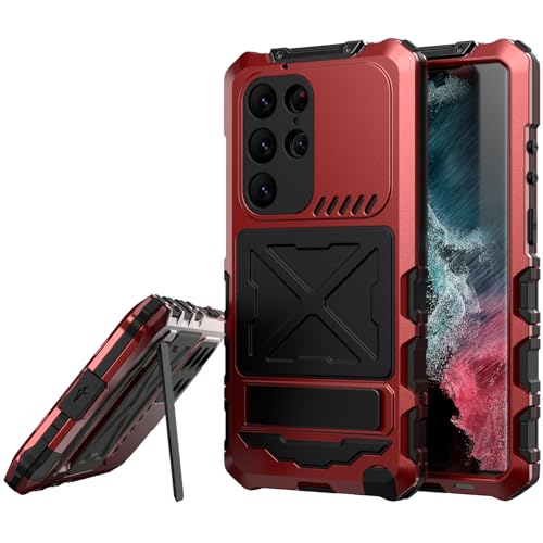 LOXO CASE Hülle für Samsung Galaxy S24 Ultra, Metallstoßstange, Militärisch Robuste Silikonhülle mit Ständer, Integrierte Gorilla-Glas-Vollabdeckung, Staubdichte Outdoor-Abdeckung,Red von LOXO CASE