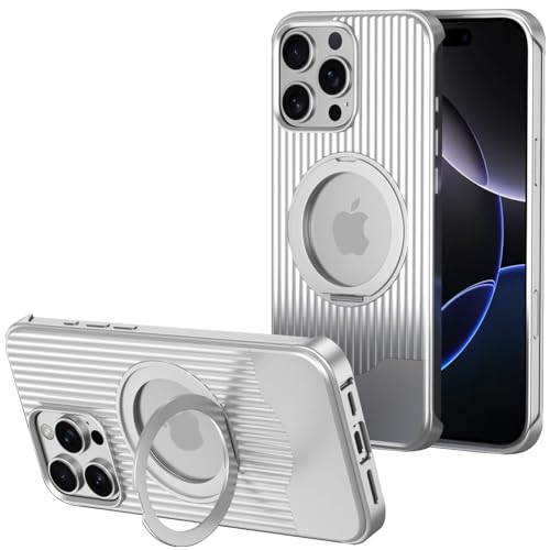 LOXO CASE Hülle für iPhone 15 Pro Max/15 Pro/15, Stoßfeste Hülle Im Gepäckstil mit Metallrahmen und 360° Drehbarem Ständer, Kompatibel mit MagSafe,Silver,15 von LOXO CASE