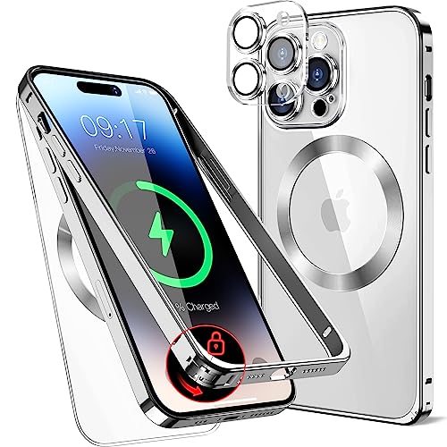 Metall Magnetische Hülle für iPhone 14 Pro Max 6.7" [Sicherheitsschloss] [Original Metallrahmen-Stoßstange] [Eingebaut Kameraschutz ] Durchsichtige Handyhülle, kratzfeste Rückseite, – Silber von LS LANGSHUN