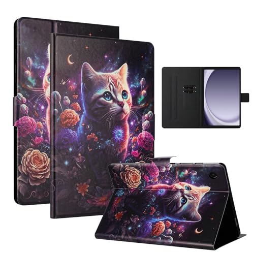 LSPCASA Hülle für Samsung Galaxy Tab A9 8.7 Zoll Mit Magnetische Schnalle Galaxy Tab A9 Hülle Mit Kartenfächern Klappschutzhülle, Blumenkatze von LSPCASA