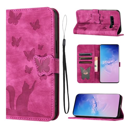 LSPCASA Klappschutzhülle Für Samsung Galaxy S10 4G/5G 6.1 PU Leder Material Samsung Galaxy S10 Hülle Mit Kartenfächern Katzen Schmetterlingsmuster Handyhülle Rose von LSPCASA