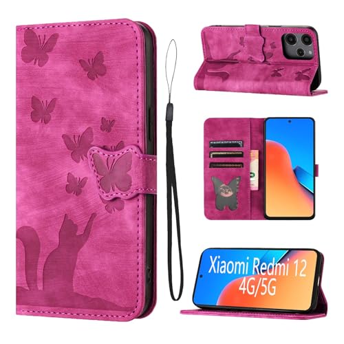 LSPCASA Klappschutzhülle Für Xiaomi Redmi 12 4G/5G 6.79 Zoll Standfunktion Xiaomi Redmi 12 Hülle Mit Kartenfächern Handyhülle Redmi 12 Katzen Schmetterlingsmuster Lederhülle Rosa von LSPCASA