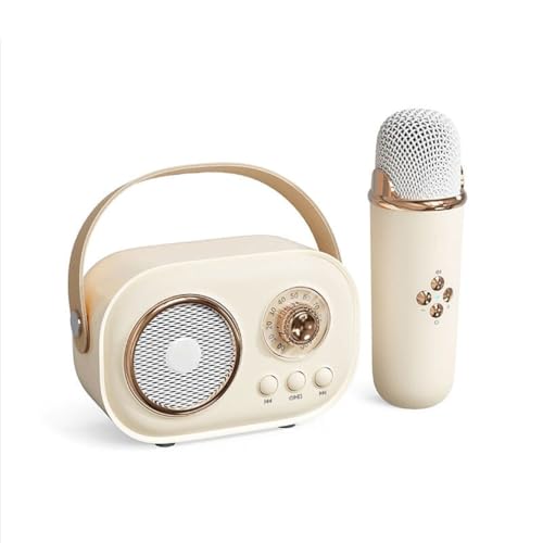 Tragbarer Bluetooth-Lautsprecher mit drahtlosem Mikrofon, Karaoke Maschine mit Mikrofonen, Mini Karaoke Anlage mit 6 Stimmeffekten, tragbare Bluetooth Karaoke Lautsprecher für Kinder (Beige) von LUCKKY