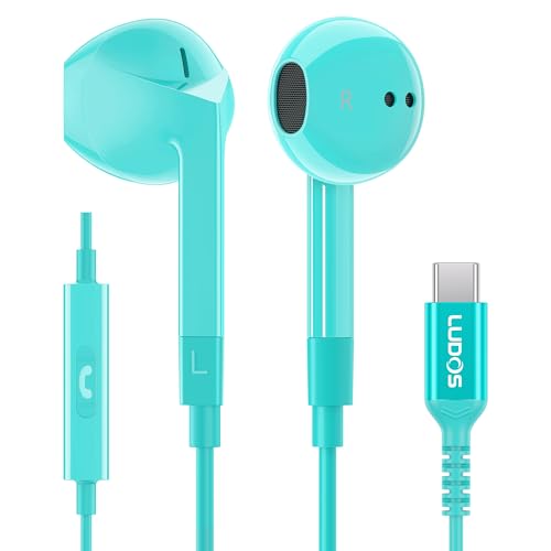 LUDOS FEROX USB C Kopfhörer, 5 Jahre Garantie für iPhone 15 Pro Max Plus Samsung Galaxy S23 Ultra S22 S21 FE S20 A53 A54, USB Typ C Ohrhörer mit Mikrofon In-Ear mit Kabel für iPad Pro - Türkis von LUDOS