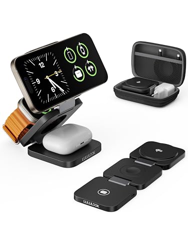 LULULOOK Qi2 MagSafe Ladestation Apple Watch und iPhone, 3 in 1 Ladestation mit 15W Schnelles Aufladen, Faltbares Reise Ladegerät für iPhone 16/15/14/13/12, 5W für Apple Watch 10, AirPods (Schwarz) von LULULOOK