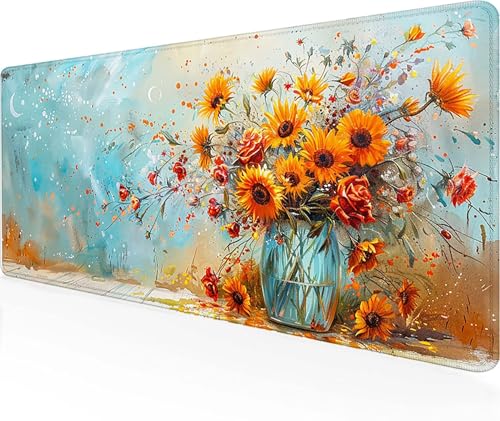 Gaming Mauspad Sonnenblume Mauspad XXL 800 x 400 mm, Wasserdicht Anti-Rutsch Schreibtischunterlage Gelb Mouse Pad Vernähten Kanten pc Zubehör Gaming Mousepad für PC, Laptop, Geschenke für Männer Y-R von LUOLYYEI