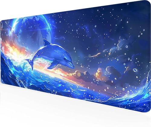 Mauspad Delphin Gaming Mauspad XXL 900 x 300 mm, Vernähten Kanten Mousepad Blau Schreibtischunterlage Gaming Zubehör WassXerdicht rutschfeste Gummibasis Mauspad Gaming für Home Office, Geschenke 0-O von LUOLYYEI