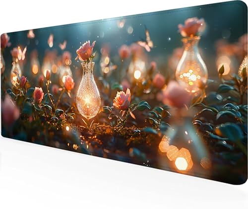 Mauspad Rose Gaming Mauspad XXL 900 x 400 mm, Vernähten Kanten Mousepad Rosa Schreibtischunterlage Gaming Zubehör WassXerdicht rutschfeste Gummibasis Mauspad Gaming für Home Office, Geschenke 6-T von LUOLYYEI