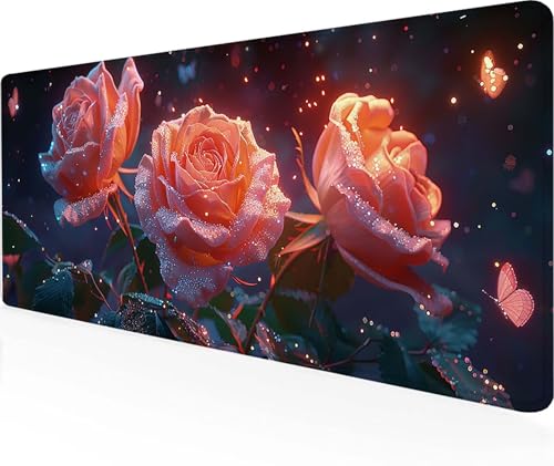 Mauspad Rose Gaming Mauspad XXL 900x300x3 mm, Vernähten Kanten Mousepad Rosa Schreibtischunterlage Gaming Zubehör WassXerdicht rutschfeste Gummibasis Mauspad Gaming für Home Office, Geschenke 9-6 von LUOLYYEI