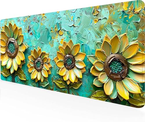 Mauspad Sonnenblume Gaming Mauspad XXL 900x400mm, Vernähten Kanten Mousepad Gelb Schreibtischunterlage Gaming Zubehör WassXerdicht rutschfeste Gummibasis Mauspad Gaming für Home Office, Geschenke 4-3 von LUOLYYEI