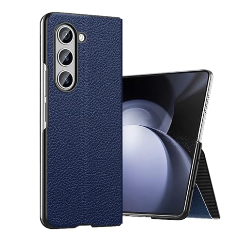 LUOTILAG Schutzhülle für Samsung Galaxy Z Fold 6, echtes Leder, schlanke Hülle, modische Litschi-Textur, Klappständer, Fallschutz, Blau von LUOTILAG