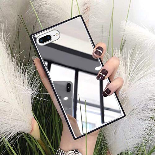 LUVI Für iPhone 8 Plus/iPhone 7 Plus Quadratische Hülle Make-up Spiegel für Frauen Mädchen Niedlich Luxus Glänzend Glas Spiegel Rückseite Design Cover mit Silikon TPU Slim Dünn Hülle Silber von LUVI