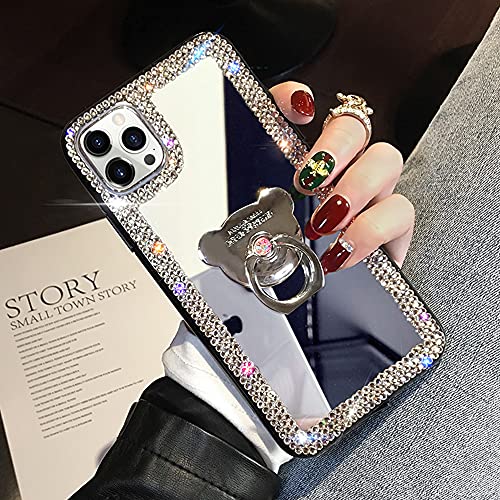 LUVI Schutzhülle für iPhone 16 Pro, spiegelnd, mit Ring, niedlicher Glitzer-Diamant, Strass, Halter, Fingergriff, Ständer, luxuriöse, modische Schutzhülle für Damen und Mädchen, Silber von LUVI