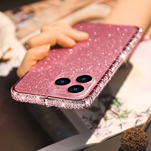 LUVI für iPhone 14 Pro Max Bling Glitzer Hülle für Frauen Niedlich Diamant Strass Glänzend Sparkly Acryl Aufkleber Rückseite Beschichtung Metall Bumper Rahmen Rand Schutzhülle Mode Luxus Roségold von LUVI