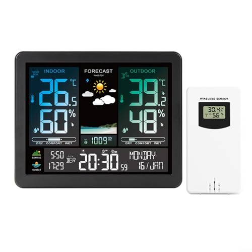 Farbbildschirm-Wetterstation mit Innen- und Außentemperatur, Luftfeuchtigkeitsmonitor, Sonnenaufgang und Sonnenuntergang, Luftdruckvorhersage, Kalender für 251 Städte, USB-betrieben von LVYXON