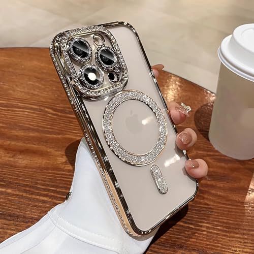 LXK Magnetische Hülle für Phone Pro Max 6,9 Zoll [Kompatibel mit MagSafe] Militärischer Schutz, Klar Niedlich Glitzer Bling Cover Sparkle Diamond Kameraschutz Hülle für 2024 ProMax Frauen Mädchen, von LXK