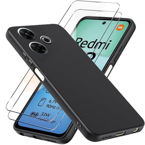 LYJERRY Handyhülle für Xiaomi Redmi 13 4G Hülle + 2Pcs Schutzglas für Xiaomi Redmi 13 4G Hülle Stoßfest Cover Schutzhülle Silikon Case Weich Schwarz hülle und Schutzglas von LYJERRY