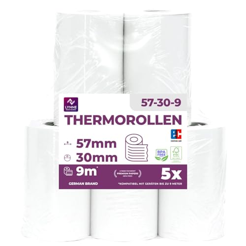 Ec-Cash Thermorollen 57mm x 9m x 12mm - Kassenrollen - Thermopapier - Bonrollen für Bankomat - Kredit-Kartenlesegeräte (57x30x12) - mit SEPA-Lastschrifttext (5 Rollen) von LYNNE PAYMENT SOLUTIONS