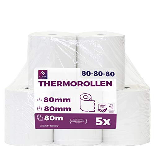 Thermorollen 80mm x 80m x 12mm - Kassenrollen - Bonrollen für Registrierkasse mit Bondrucker - Thermopapier – BPA Frei (Large 80x80x12-80 Meter - 5 Rollen) von LYNNE PAYMENT SOLUTIONS