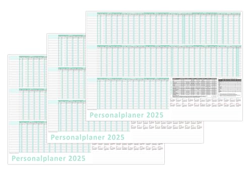 3 Stück Urlaubsplaner/Personalplaner 2025 nass abwischbar mit Folienkaschierung - DIN B1 Format (1000 x 700 mm) für bis zu 22 Mitarbeiter Januar 2025 bis März 2026 mit Schulferien (gerollt!) von LYSCO