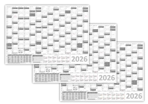 3 Stück XXL Wandkalender Wandplaner 2026 grau (gerollt) DIN A0 Format (841 x 1189 mm) 14 Monate, komplette Jahresvorschau Folgejahr und Ferientermine Feiertage aller Bundesländer von LYSCO