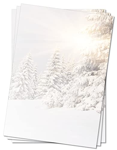 LYSCO Motivpapier Briefpapier (Winter-5059, DIN A4 100 Blatt) Tiefverschneite Winterlandschaft mit Bäumen welche unter der Schneelast ächzen, die Sonne strahlt vom Himmel von LYSCO