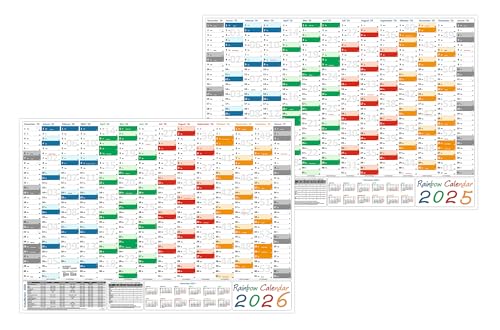 Rainbow Wandkalender Wandplaner 2025 + 2026 gefaltet DIN A2 Format (420 x 594 mm) mit 14 Monaten von LYSCO