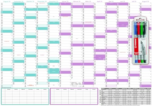 Schuljahreskalender 2024/2025 DIN B1 abwischbar glänzend inkl. Stifteset - gerollt - August 2024 bis August 2025, 13 Monate - Wandkalender Schuljahresplaner von LYSCO