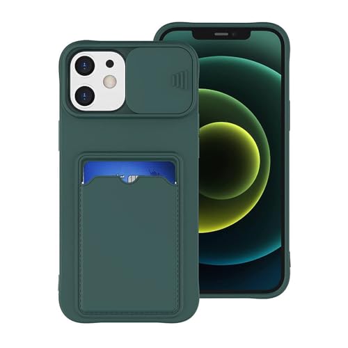 LYWZDZQ Slide Camera Protection Wallet Holder Kartentasche Handyhülle für iPhone 15 14 12 11 13 Pro Max X XR XS 7 8 Plus Weiche Silikonhülle, Dunkelgrün, Für 12 oder 12 Pro von LYWZDZQ