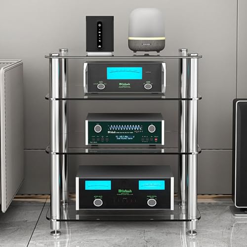 LYXWGRZD Audio Rack HiFi Regal, HiFi Rack mit gehärteter Glasscheibe, Videomedienständer mit Edelstahlbeinen, Phonoschrank mit stoßdämpfenden Fußpolstern(Wit,72cm/28.3in) von LYXWGRZD