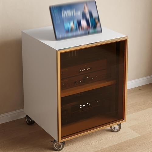 LYXWGRZD Audio Rack HiFi Regal, Phonoschrank mit gehärtetem Glas, Audio-Rack mit Universalrad, Record Player Stand for Wohnzimmer, Büro/DJ/Theater(Gold,60cm/23.6in) von LYXWGRZD