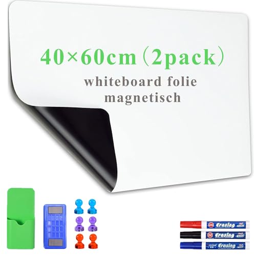 Lyzzxi Whiteboard Folie, 40 * 60cm (2 Pack) Magnetisch Selbstklebend Weißwandtafel Folie, Whiteboard Sticker DIY, Inklusive Marker und Schwamm, Wandfolie für glatten Oberflächen in Schule Büro Haus von LYZZXI