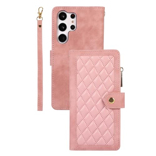 LZTONGK Schutzhülle aus PU-Leder für Samsung Galaxy S24ultra/S24plus/S24, Premium-Magnet-Klapphülle für Damen, 12 Kartenfächer, Handschlaufe (S24 Ultra, Rosa) von LZTONGK