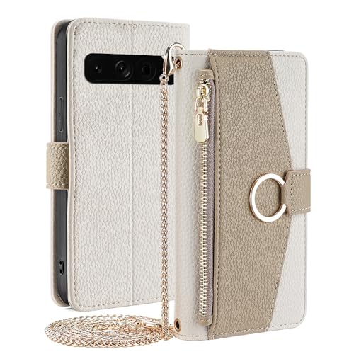 Schutzhülle für Google Pixel 9 Pro XL/ 9 Pro/9, Crossbody-Kettenhülle, Klappkartenhalter, Ständer, Folio-Ledergeldbörse, Damen-Handyhülle (Weiß, 9 Pro) von LZTONGK