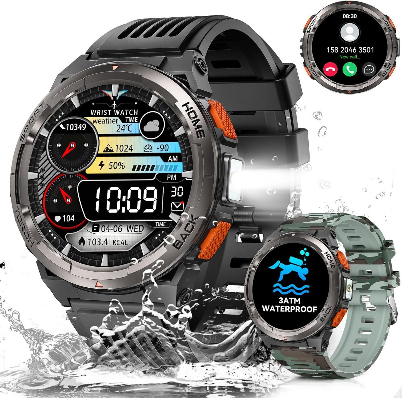 LaNikar Fur Heren mit Telefonfunktion 3ATM Wasserdicht Militär Robuste Outdoor Smartwatch (1.43 Zoll, Android / iOS), mit Kompass,Höhe, Barometer 24H Gesundheits-Screening LED Taschenlampe von LaNikar