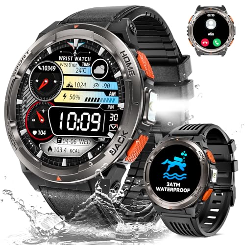 Smartwatch Herren mit Telefonfunktion, 1,45" 3ATM Wasserdicht Militär Smartwatch mit LED Taschenlampe, Robuste Outdoor Uhren mit Kompass, Höhe, Barometer, 24H Gesundheits-Screening für Android iOS von LaNikar