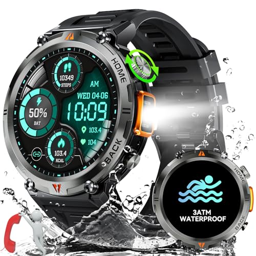Smartwatch Herren mit Telefonfunktion, 3ATM Wasserdicht Militär Smartwatch mit LED Taschenlampe, 1,45" Robuste Outdoor Uhren mit 24H Gesundheits-Screening, 110+ Sportmodi Fitnessuhr für Android iOS von LaNikar