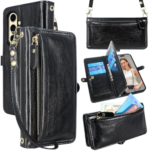 Lacass Schutzhülle für Samsung Galaxy S24 FE, Kartendiebstahl-Scan-Schutz, Kartenhalter, Reißverschluss, Leder-Klapphülle, Crossbody-Handschlaufe mit Ständer, für Galaxy S24FE, Schwarz von Lacass