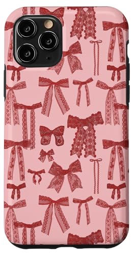 Hülle für iPhone 11 Pro Vintage rote Schleifen, rote Spitze, ästhetische Spitze auf Rosa von Lace Aesthetic Patterns