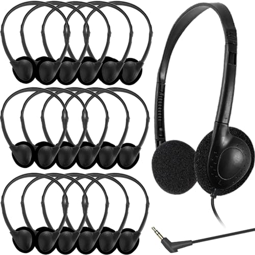 Ladont Classroom Bulk Kopfhörer, kabelgebunden, On-Ear-Kopfhörer, für Schule, Bibliothek, Kinder, klarer Klang, 3,5-mm-Klinkenstecker für Online-Lernen, Schwarz, 20 Stück von Ladont